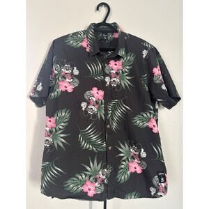 Disney Neff Mickey Mouse Tropical Hibiscus Floral Button Down Shirt Black Mens M
